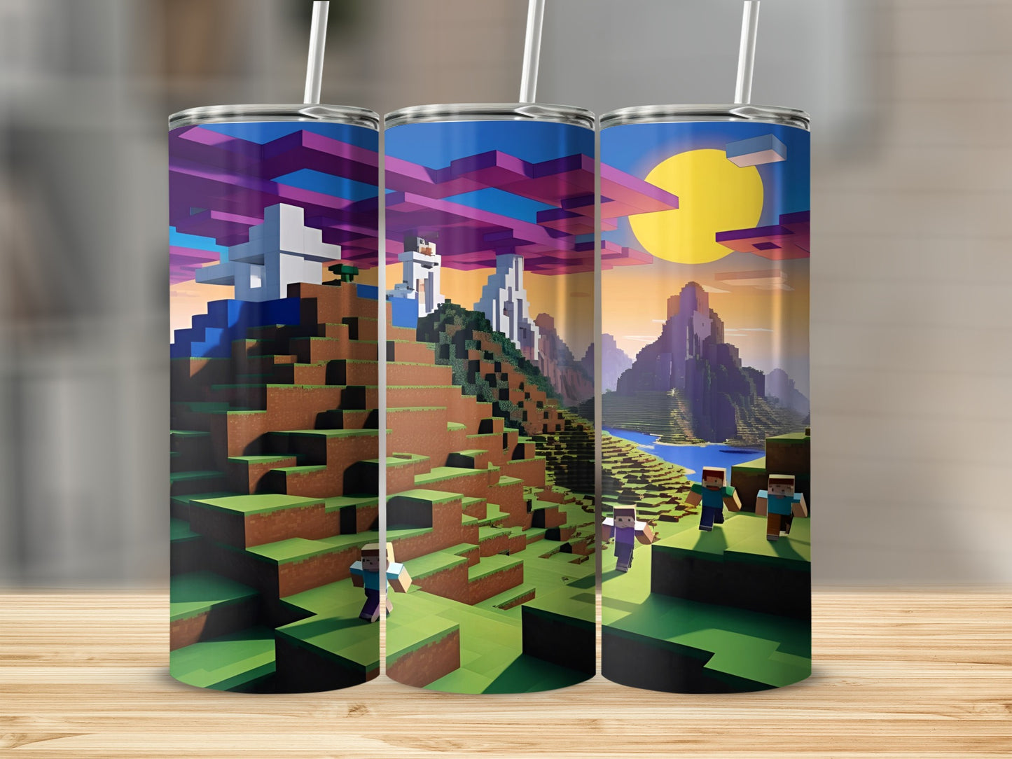 Three Minecraft tumblers with blocky landscapes and characters.