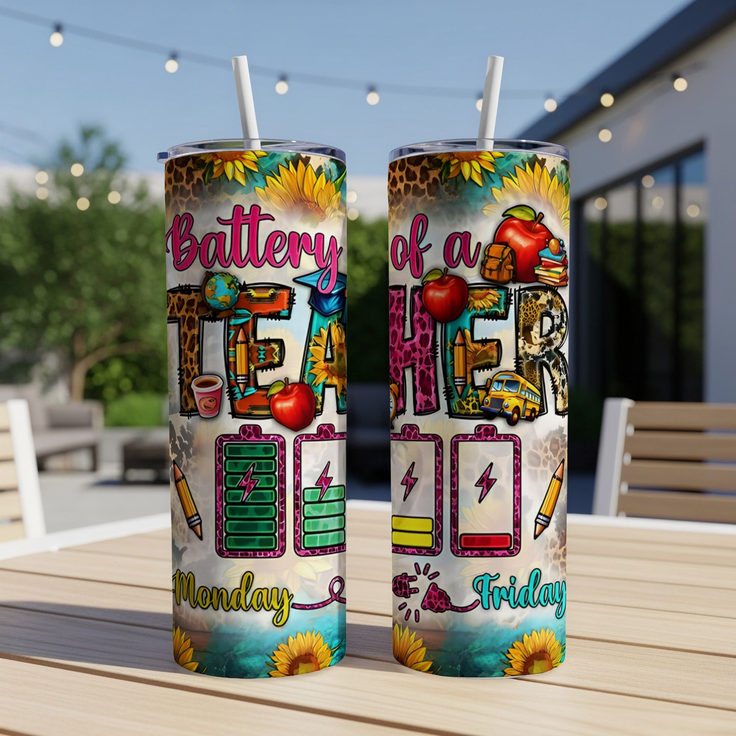 Tumbler with "Battery of a Teacher" design, apples, books, and school bus.