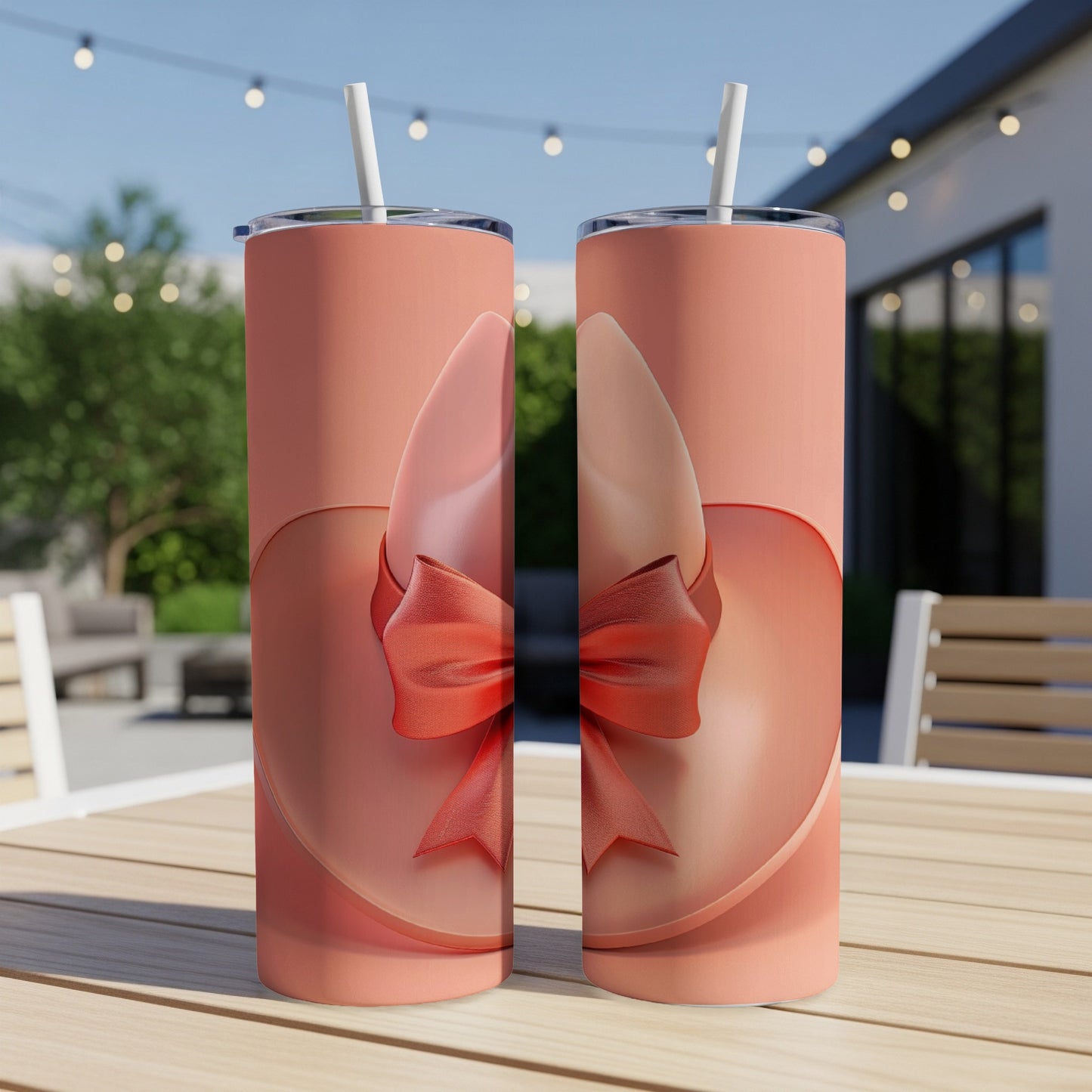 Two tall skinny tumblers with a heart and bow design on a table.