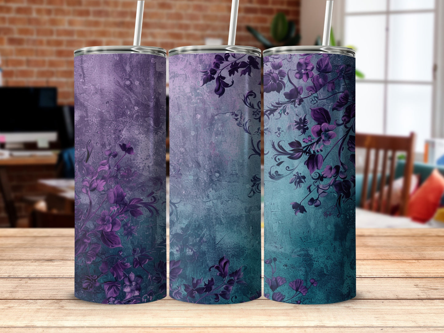 Floral Purple and Teal Design Tumblers