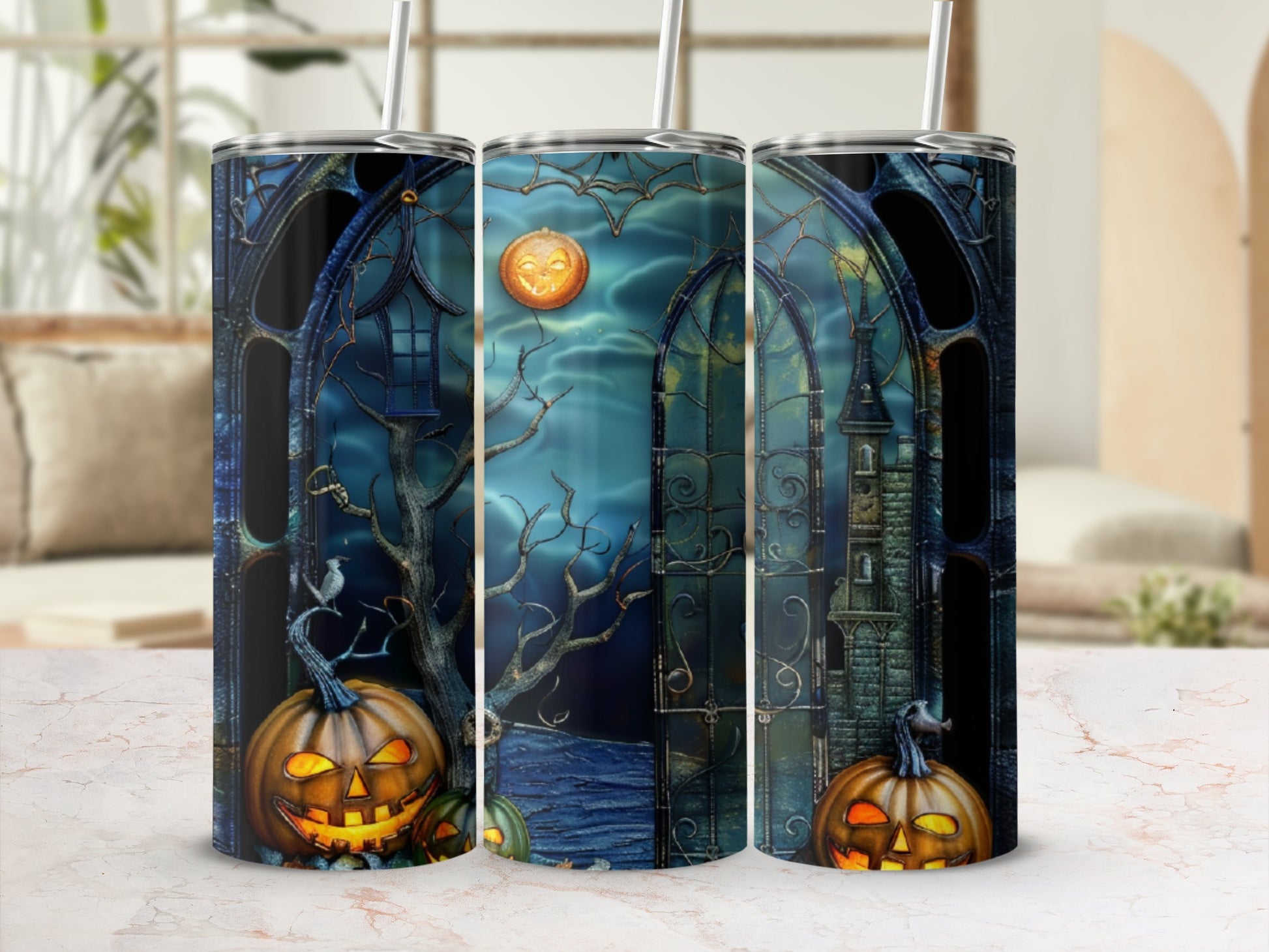 Halloween scene with pumpkins, moon, and castle on a tumbler.