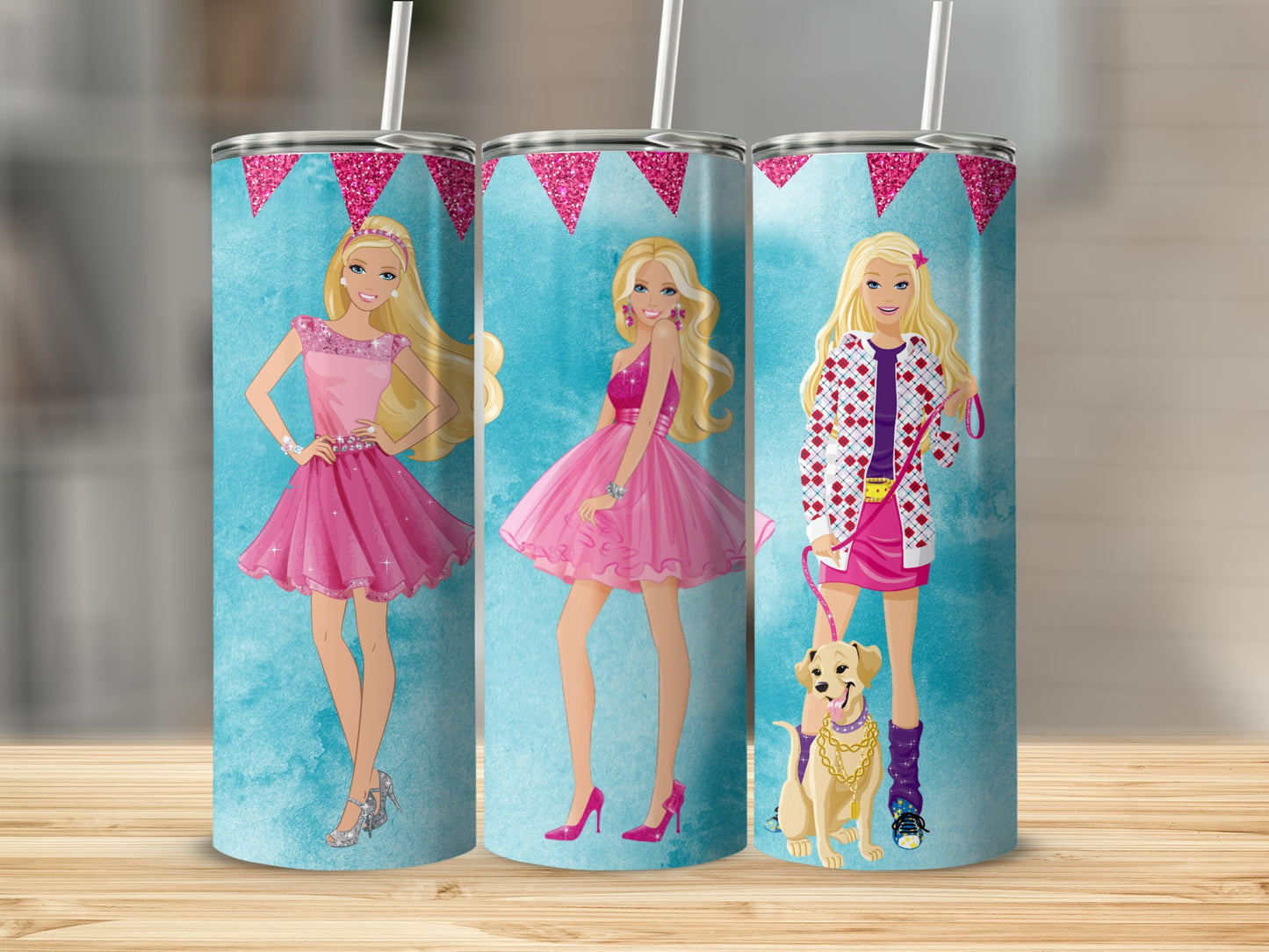 Three Beautiful Blond Ladies With Dog On Blue Backdrop Tumblers