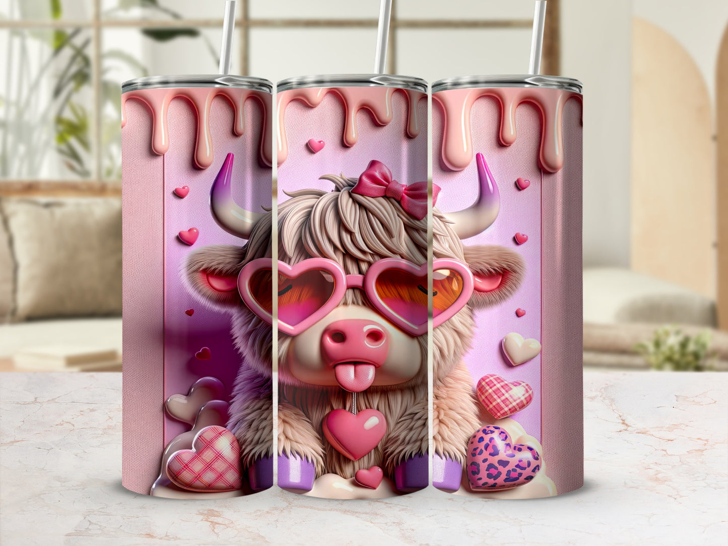 Pink tumbler with cartoon cow wearing heart sunglasses and bow.