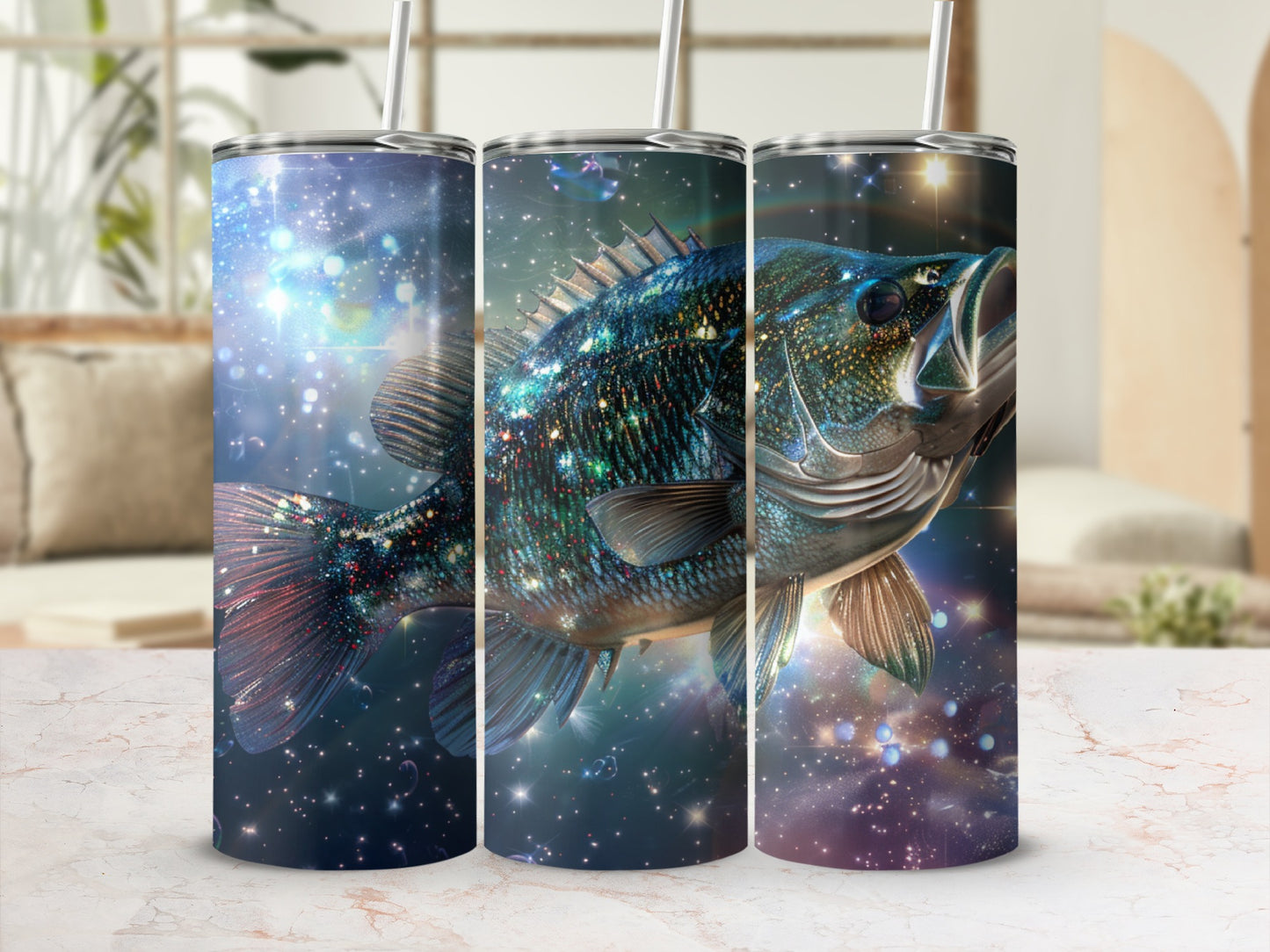 Fish pattern on three tumblers with starry background.
