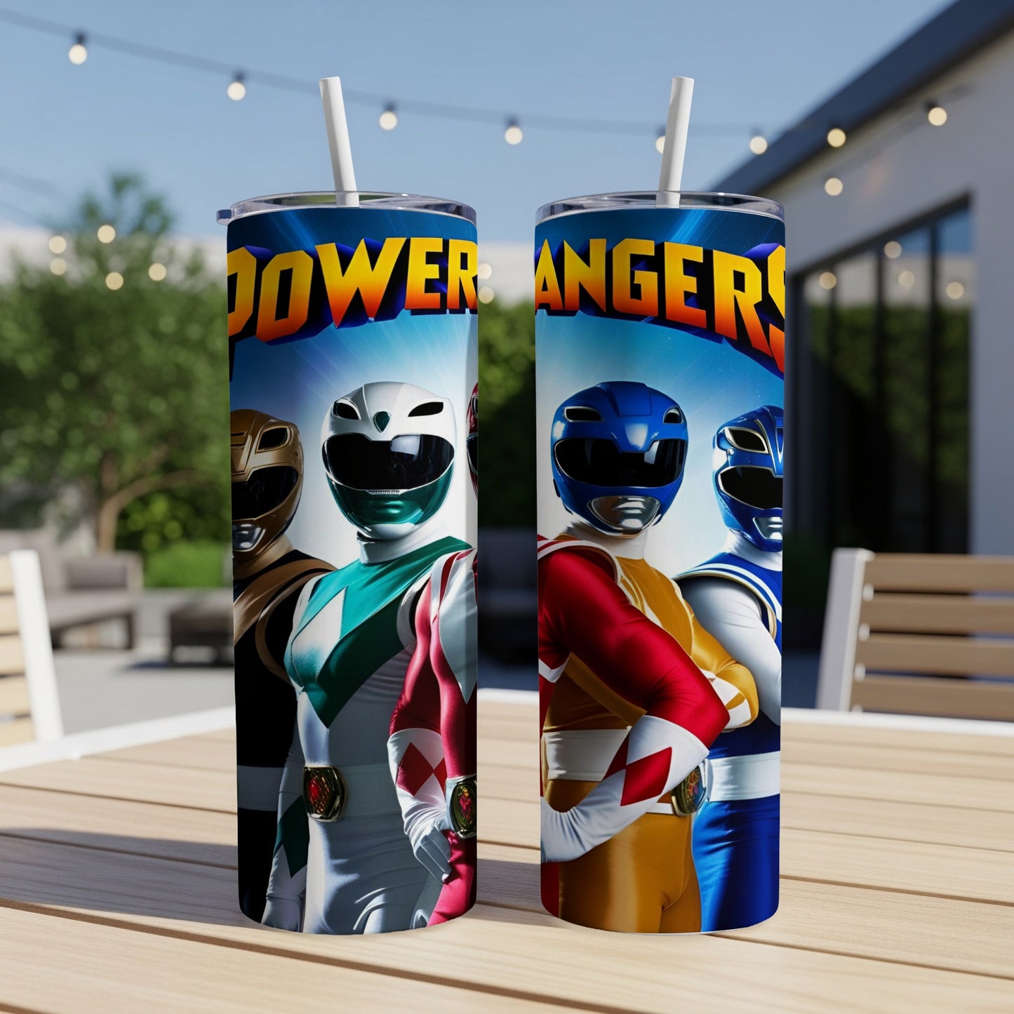 Power Rangers logo above four rangers standing on a table outdoors.