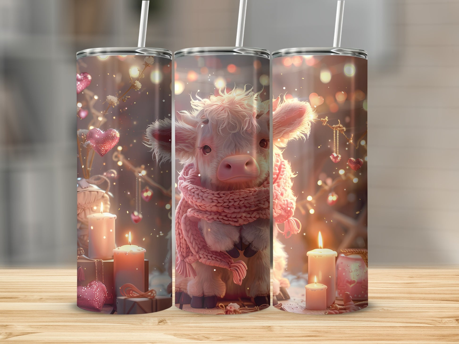 Cute cow with pink scarf and heart decorations on three tumblers.