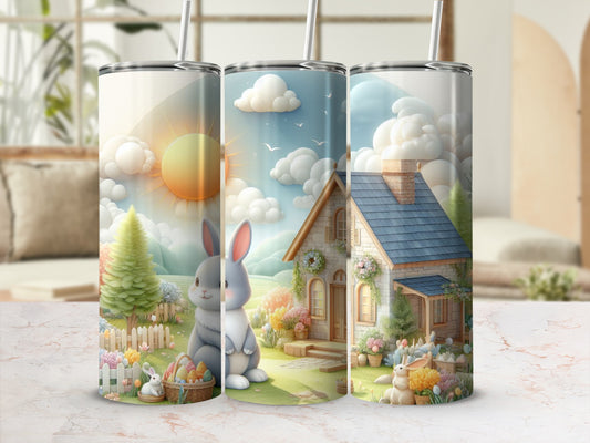 Easter scene with bunnies, house, and Easter eggs on three tumblers.