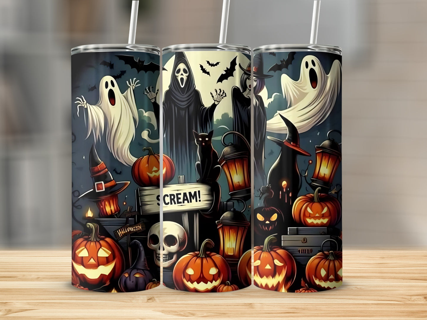 Halloween themed tumblers with ghosts, pumpkins, bats, witches, and a skull.