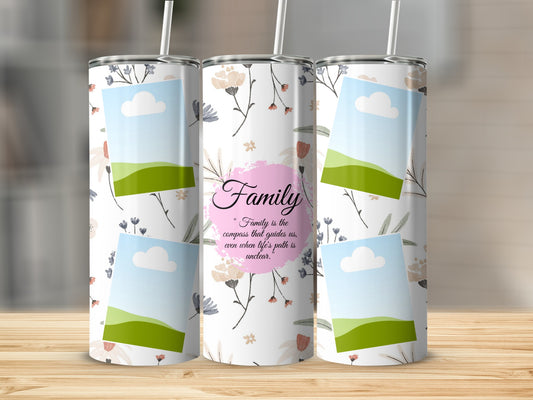 Three tumblers with floral patterns and "Family" quote, featuring photo placeholders.
