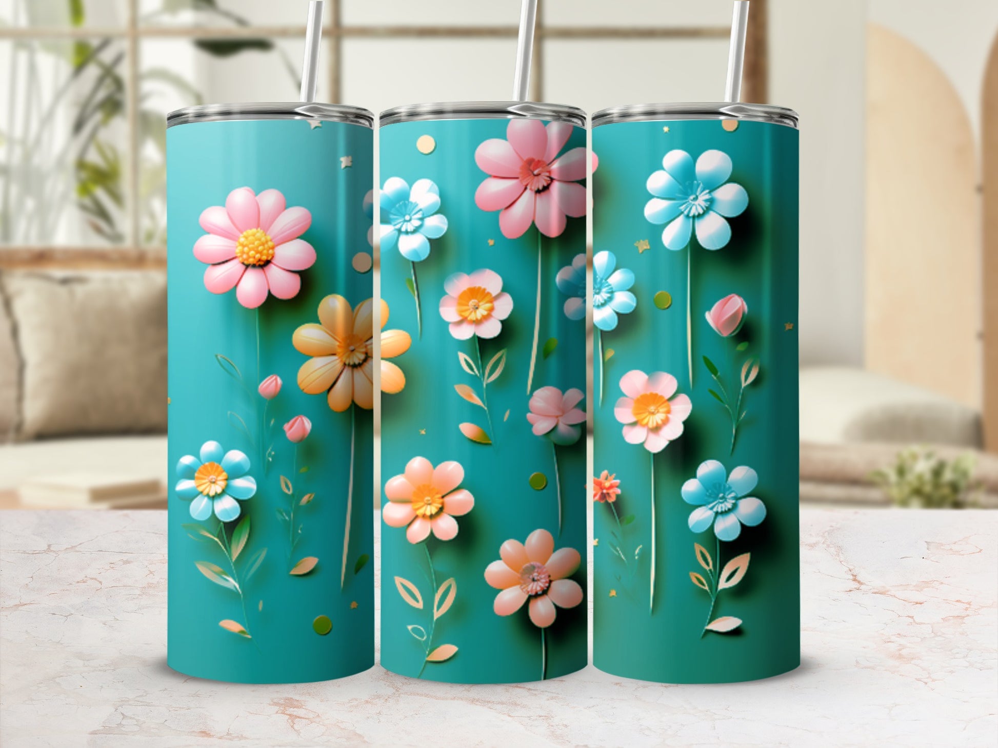 Teal tumblers with pastel floral designs and straws.