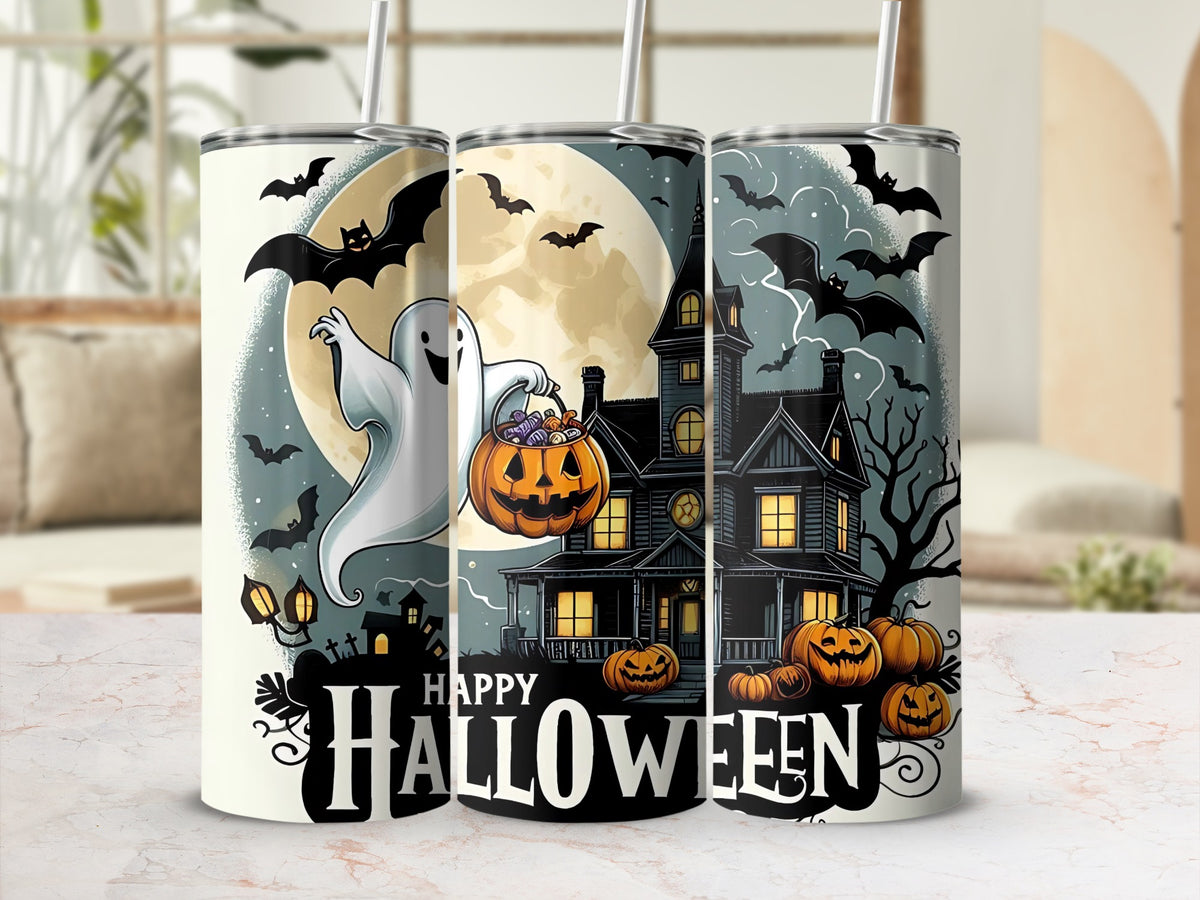Three tumblers featuring Halloween graphics with a ghost, haunted house, bats, and pumpkins.