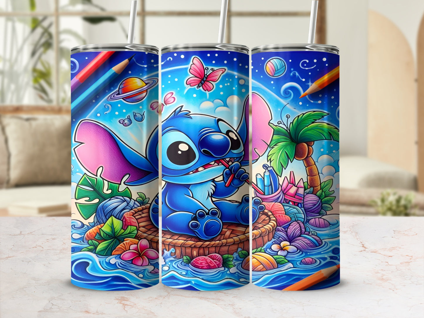 Stitch sitting in a basket with colorful ocean and beach scene.