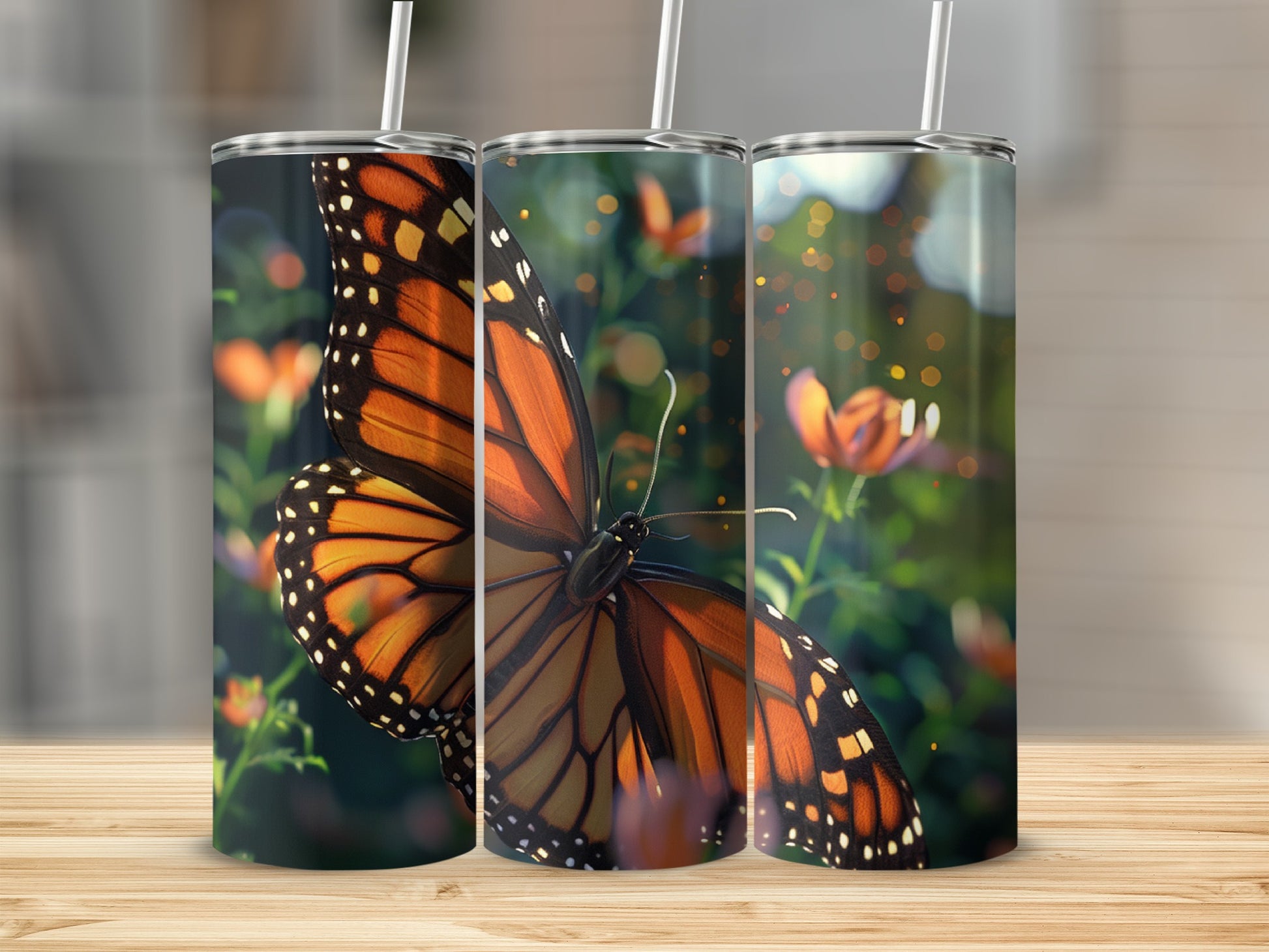 Monarch butterfly on a floral background, presented on three tumblers.
