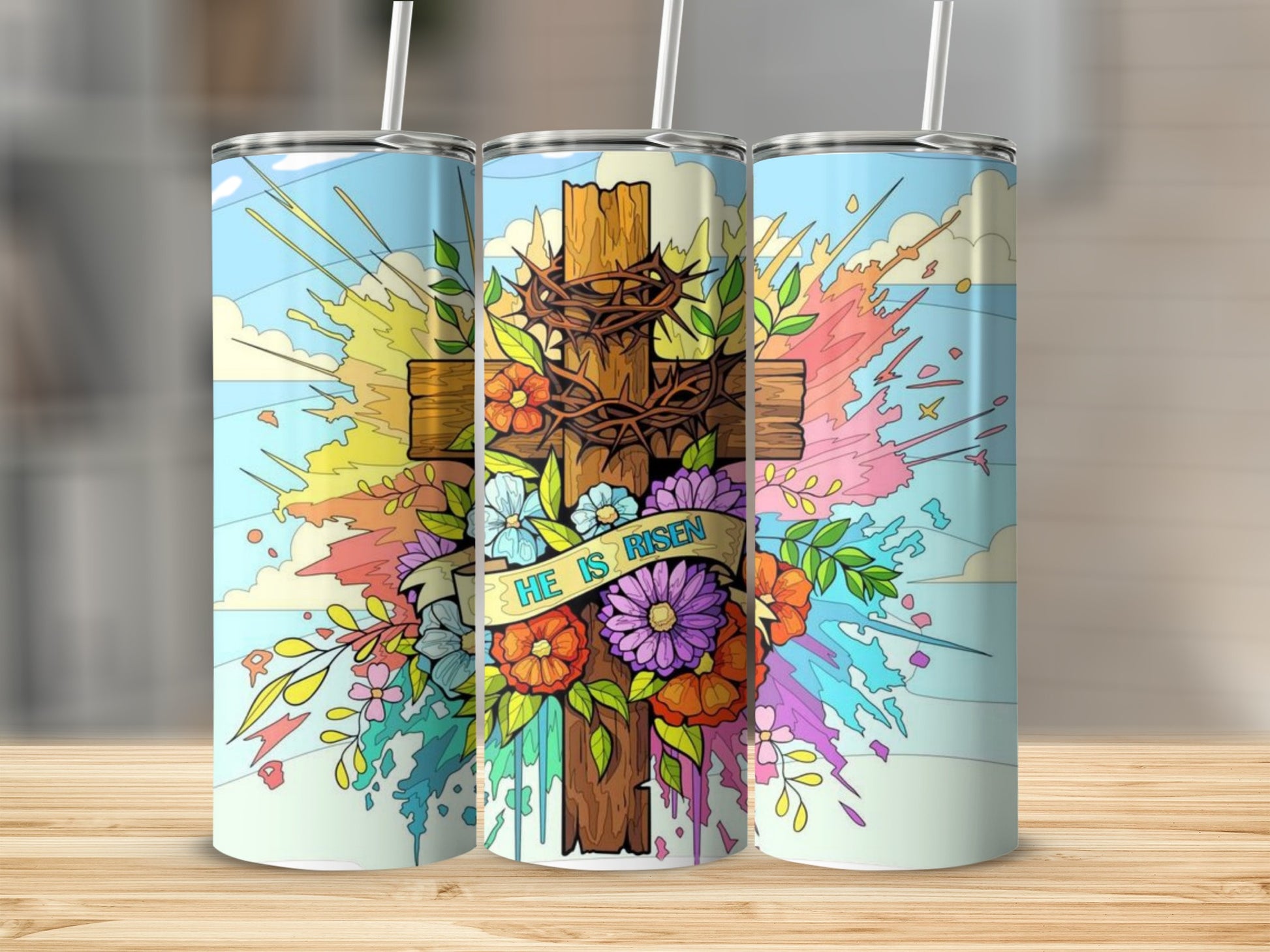 He is Risen Cross Design with Flowers Tumbler