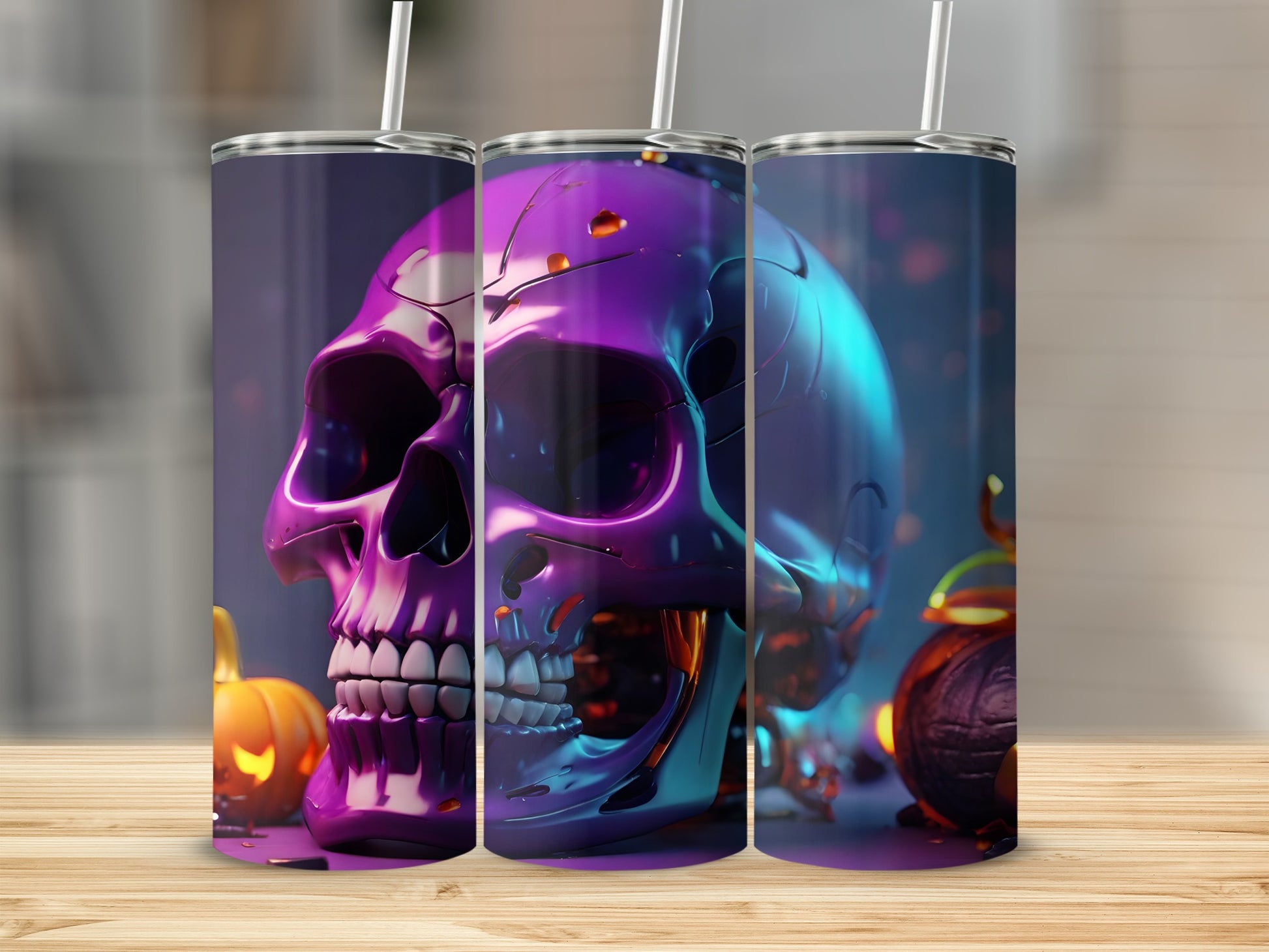 Purple metallic skull with pumpkins on a wooden surface.