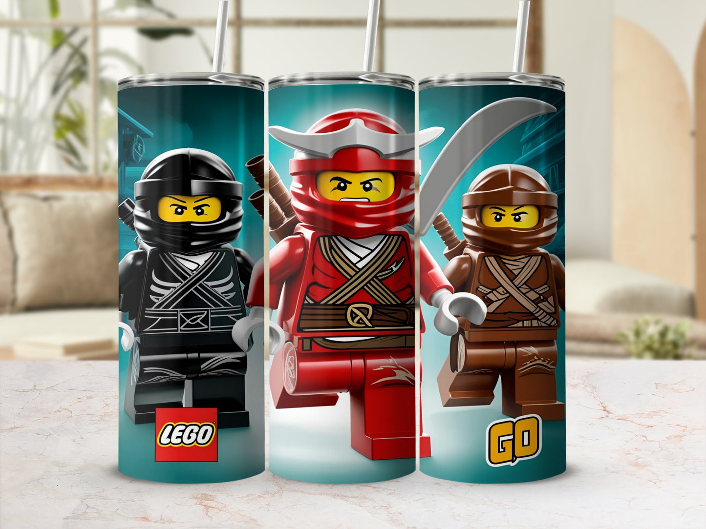 Three LEGO Ninjago characters in red, black, and brown outfits on tumblers.