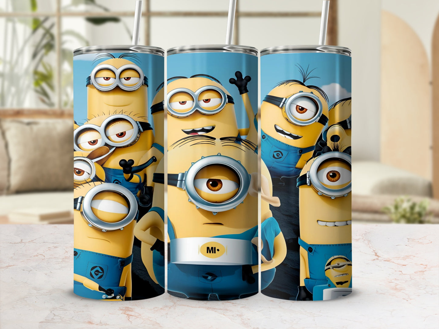 Three Minions cups with a blue background and white straws.