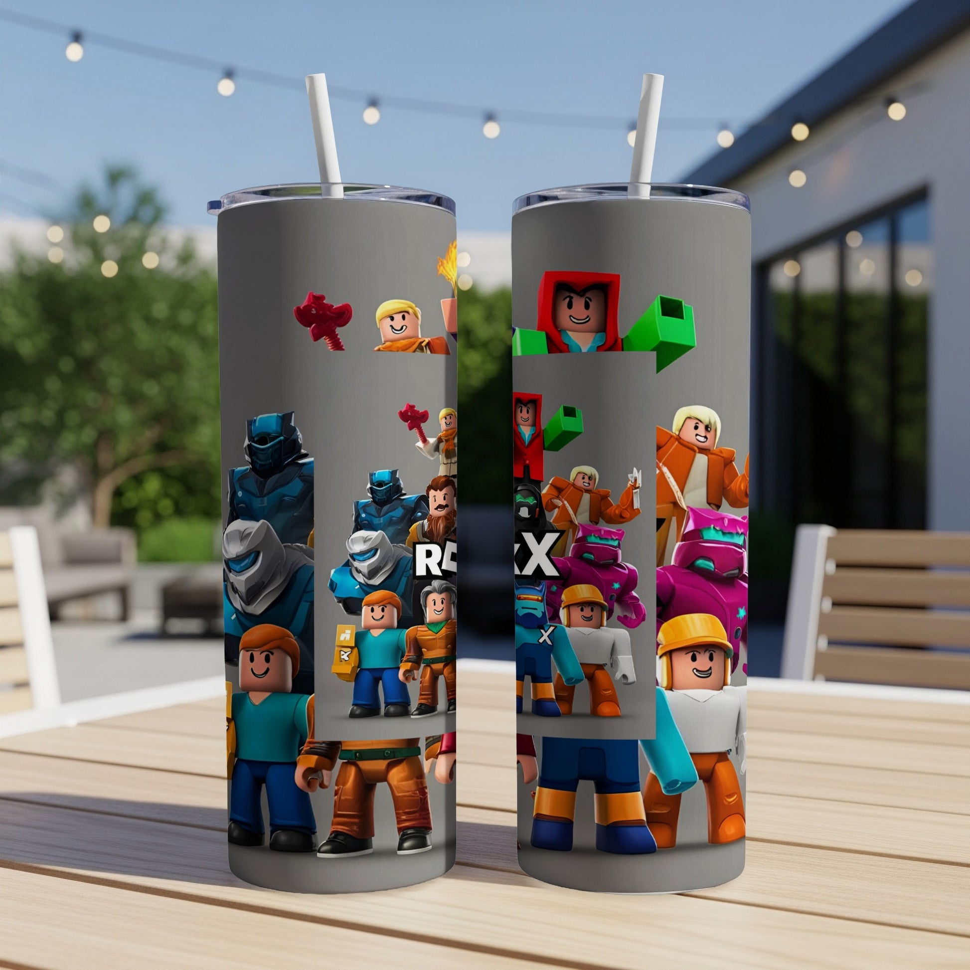 Roblox characters on a gray background wrap around two tumblers.
