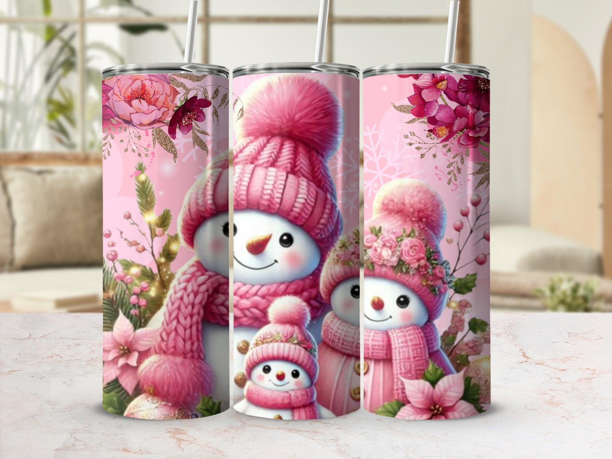 Christmas Snowmen with Pink Floral Winter Tumbler