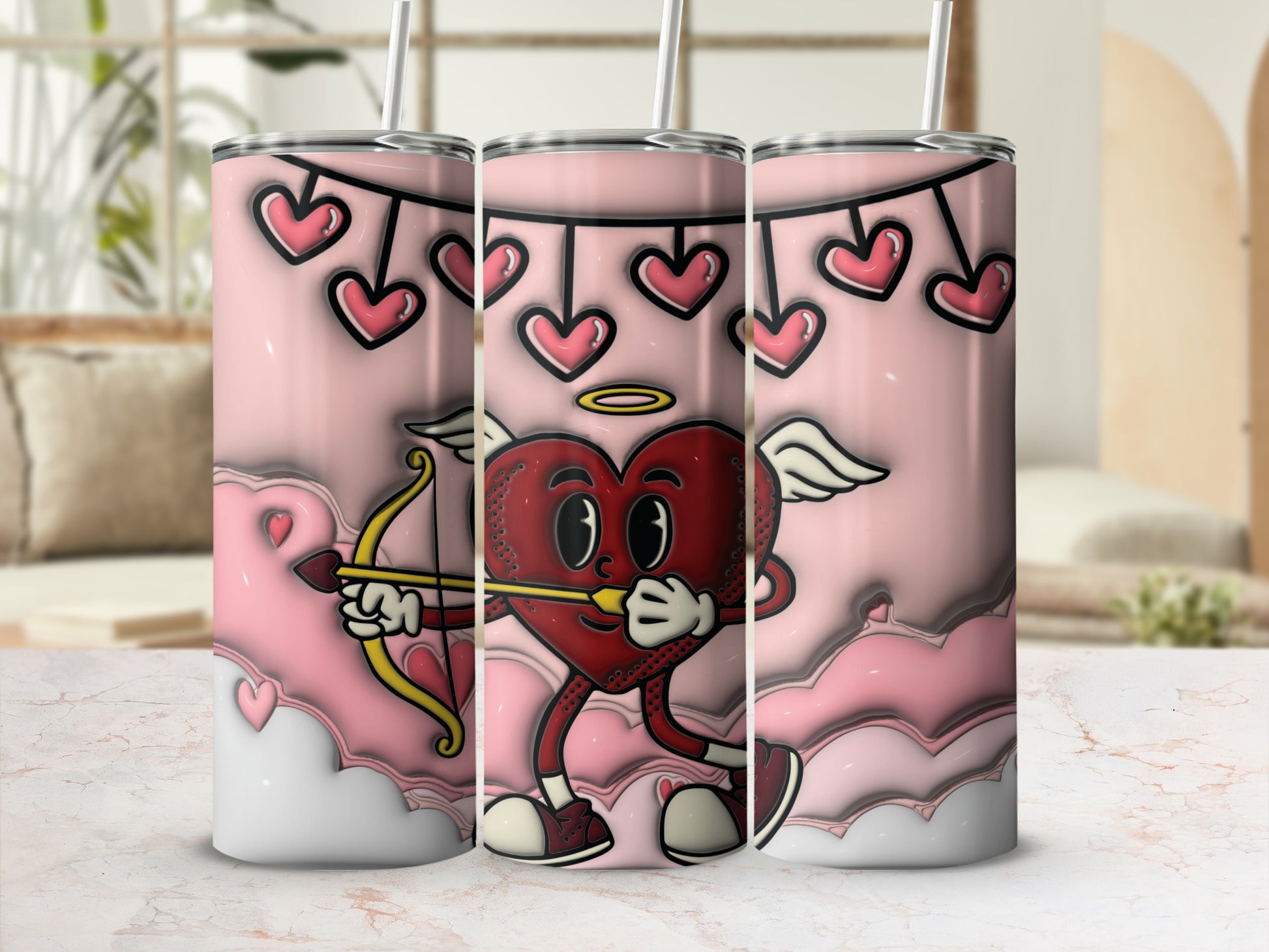 Cute Cupid Heart and Pink Clouds Themed Tumbler