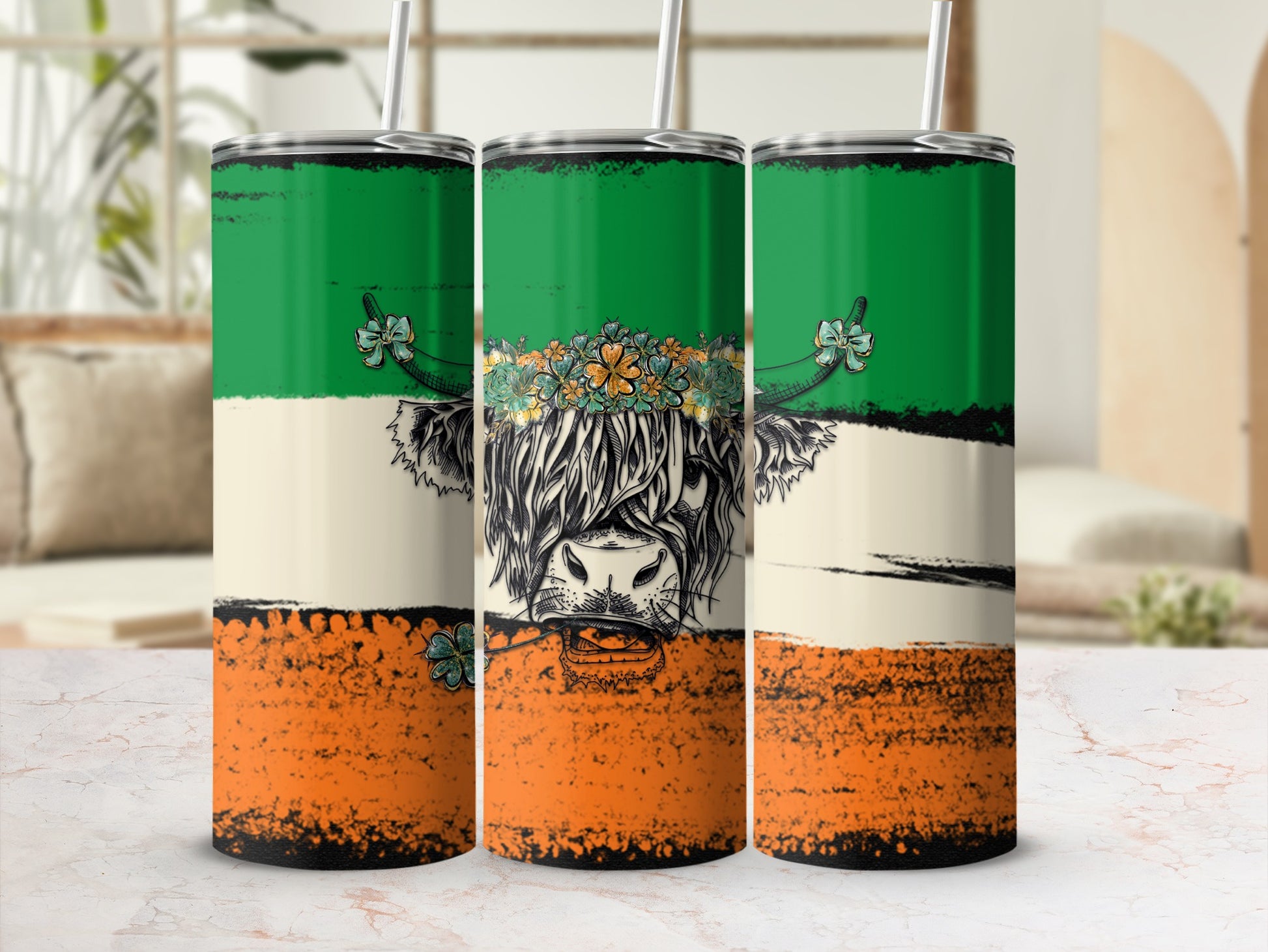 Highland cow wearing a shamrock wreath on a St. Patrick's Day themed tumbler.