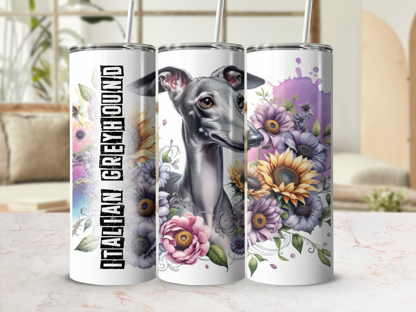 Three tumblers featuring a greyhound and floral designs.