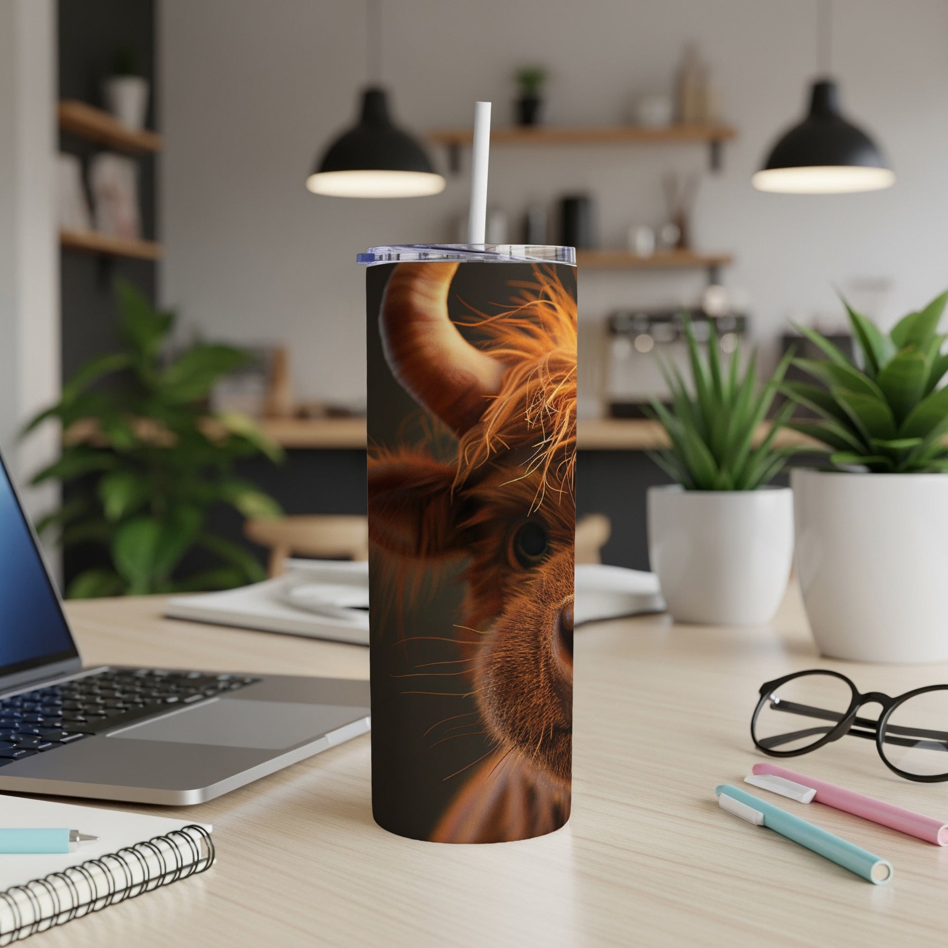 Highland cow illustration on a skinny tumbler with straw, on a desk.