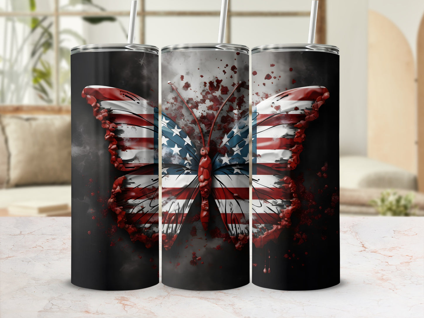 Three tumblers decorated with a distressed American flag butterfly design.