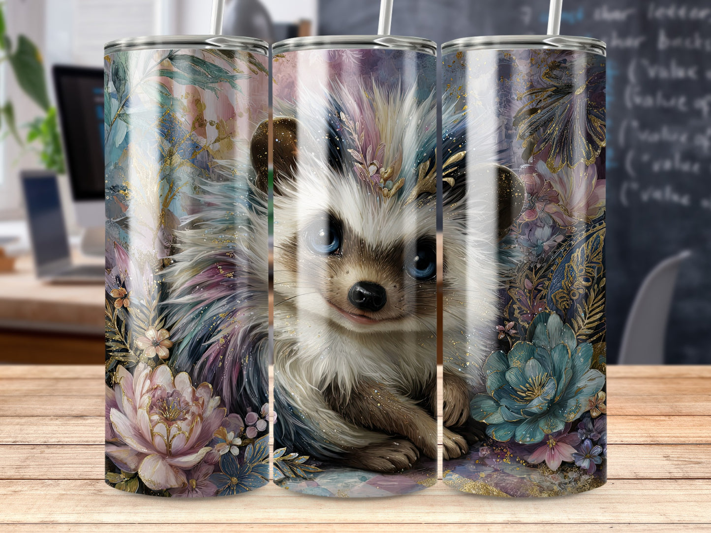 Adorable Hedgehog Design with Floral Elements Tumbler