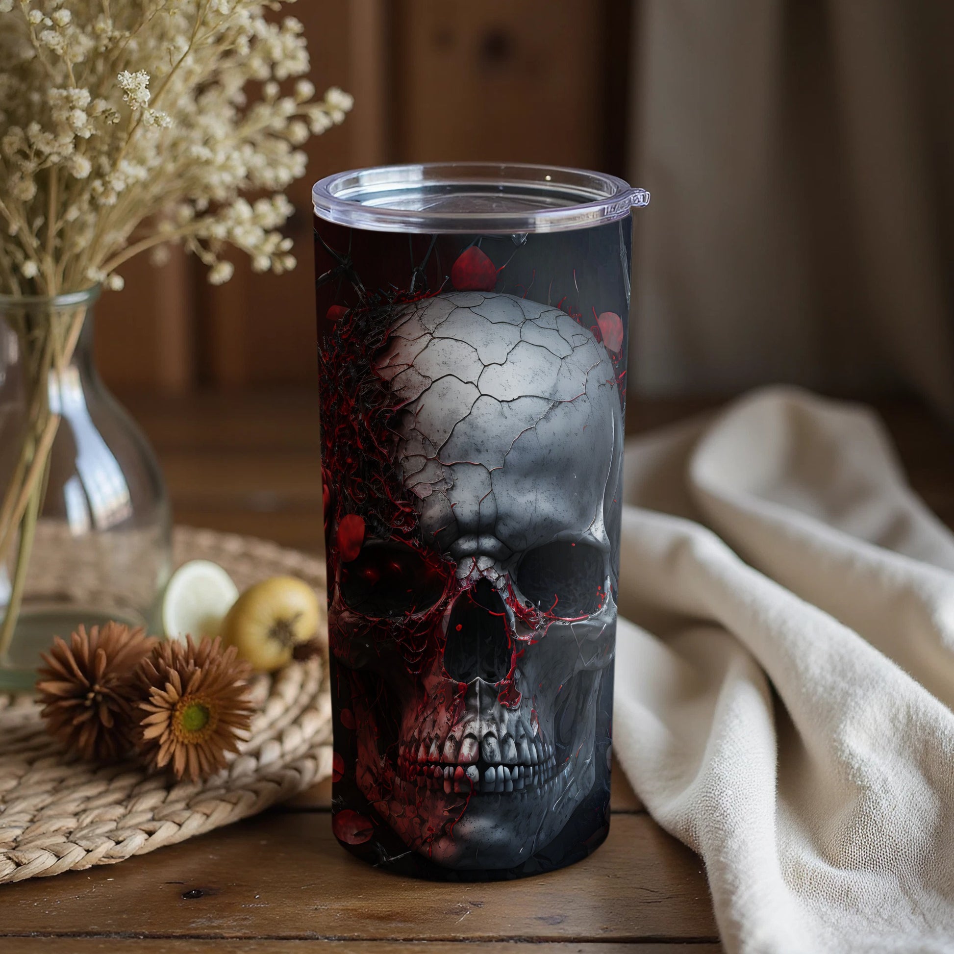 Skull Design Black and Red Tumbler with Lid