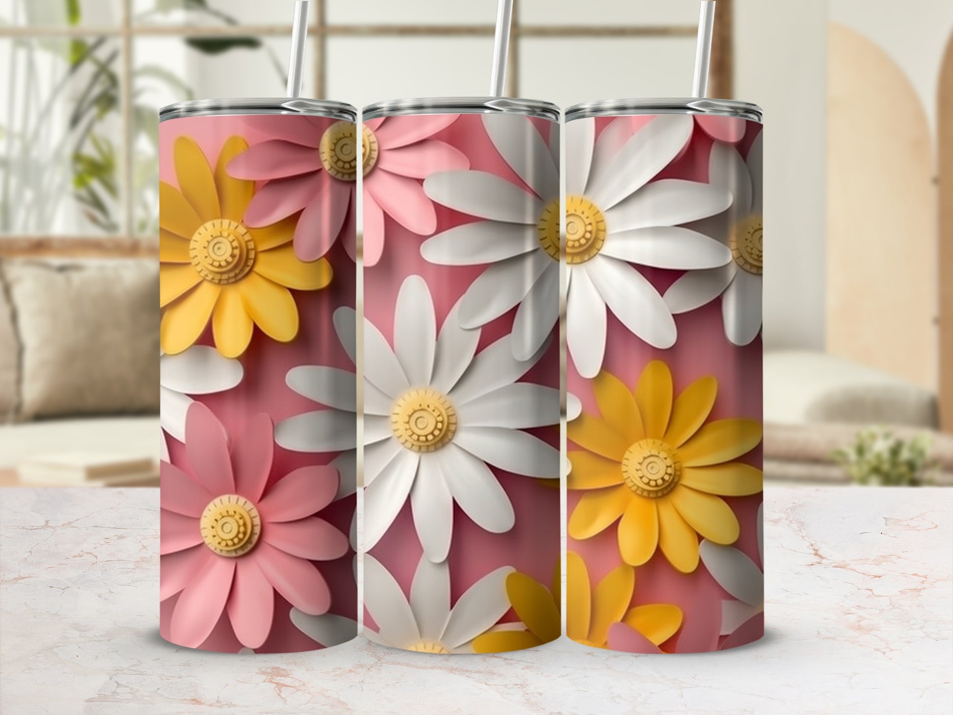 Pink, white, and yellow daisies with straws on pink background.