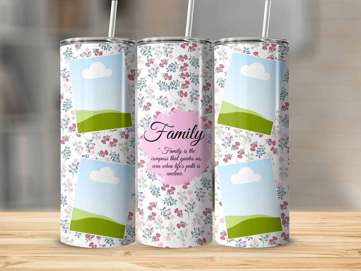 Floral patterned tumblers with quote "Family is the compass that guides us".
