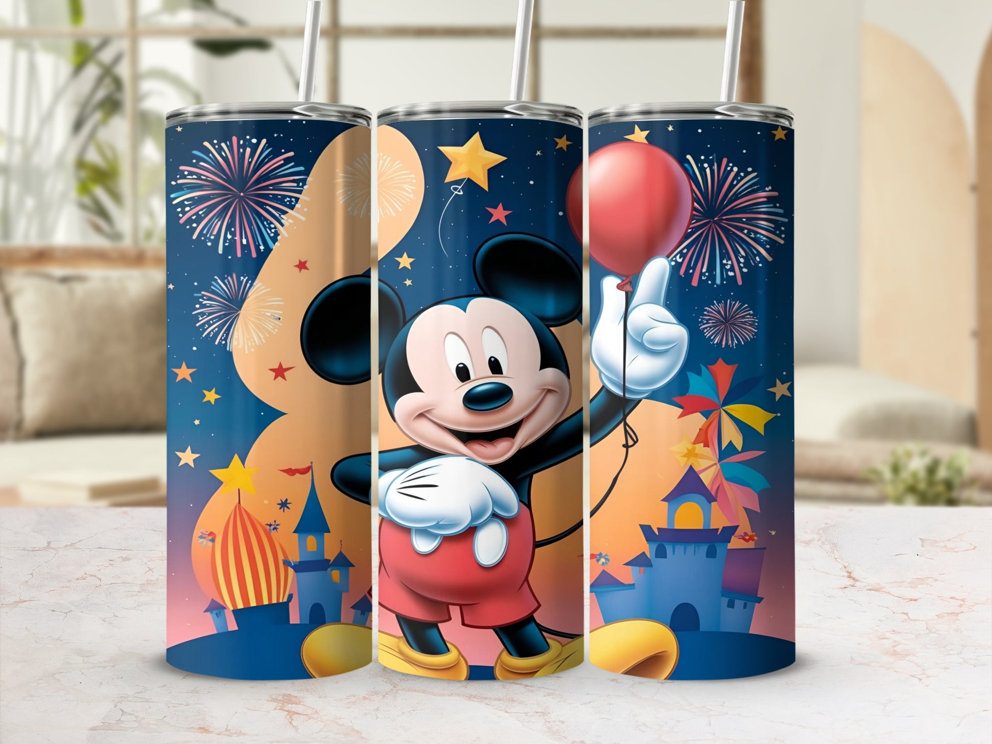 Mickey Mouse celebrating with balloons and fireworks on a colorful tumbler.