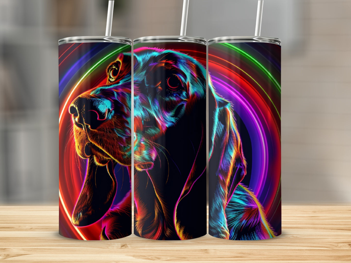 Black dog portrait with colorful neon rings.