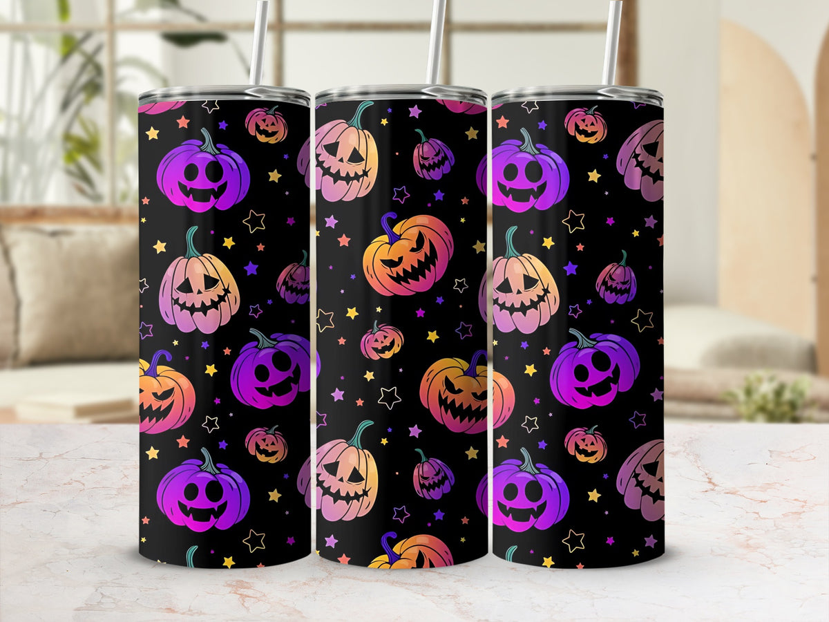 Three tumblers with a black background featuring colorful gradient pumpkins and stars.