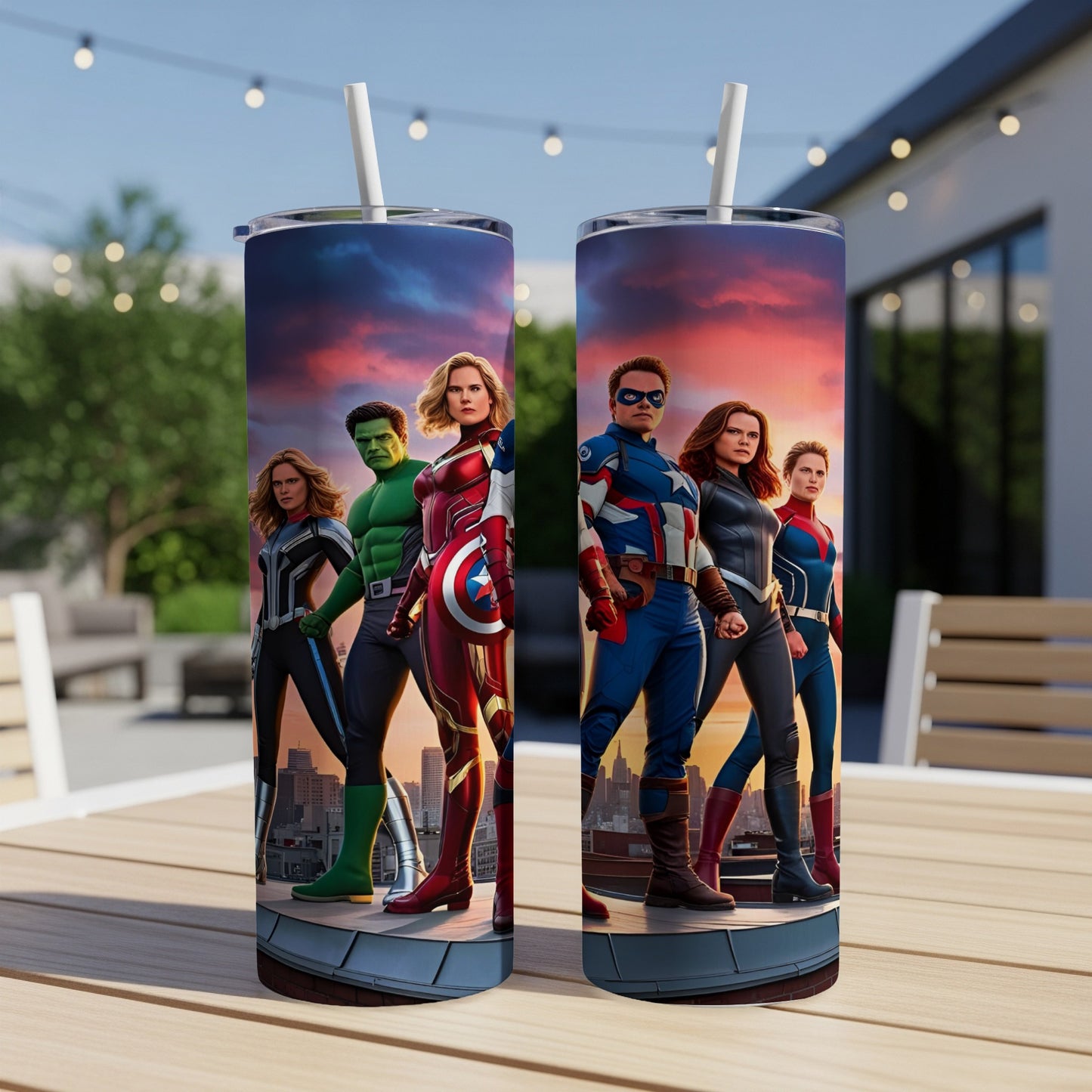 Avengers standing on a rooftop at sunset.
