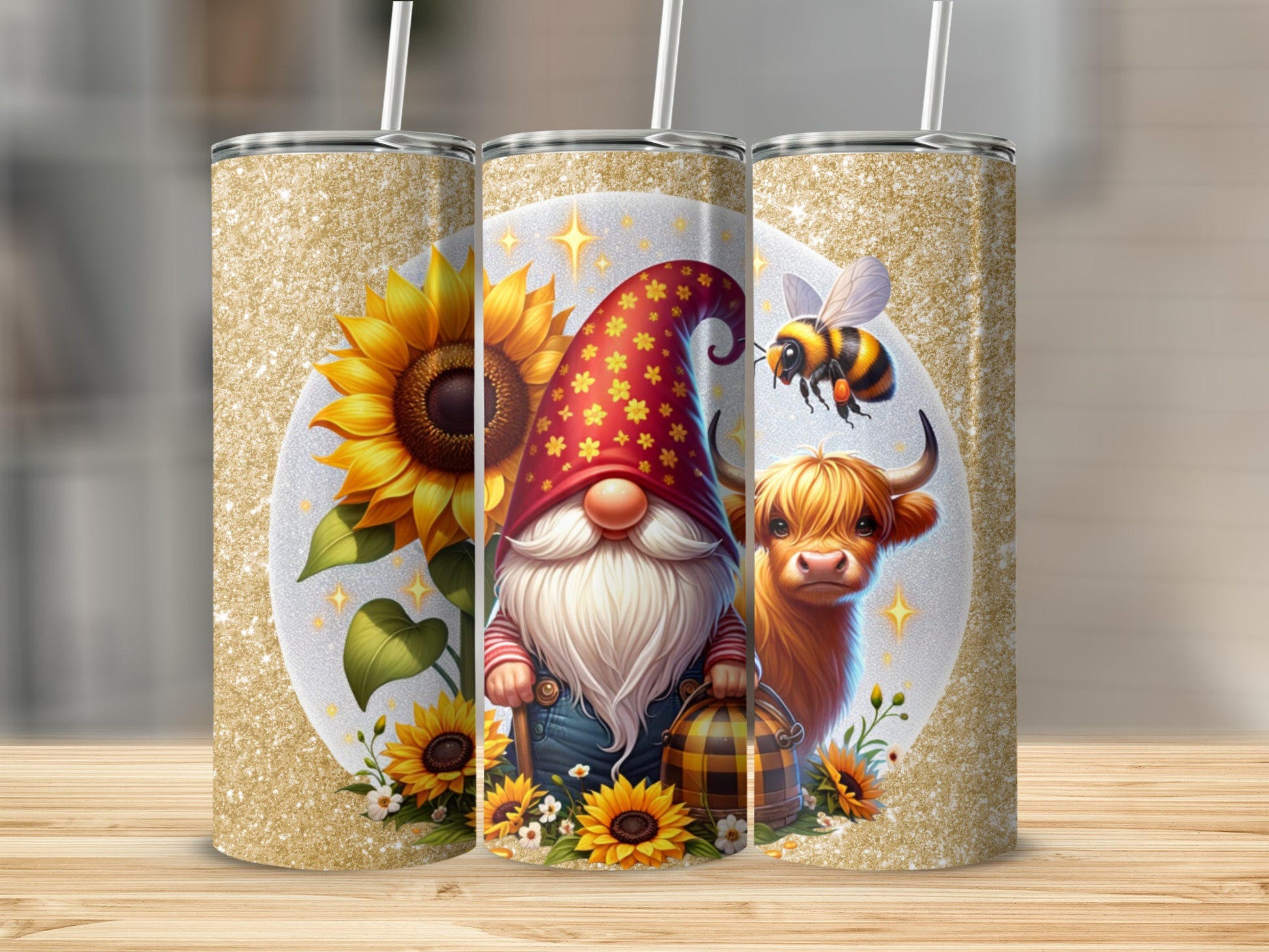 Cute Gnome Sunflower Highland Cow Glitter Tumbler