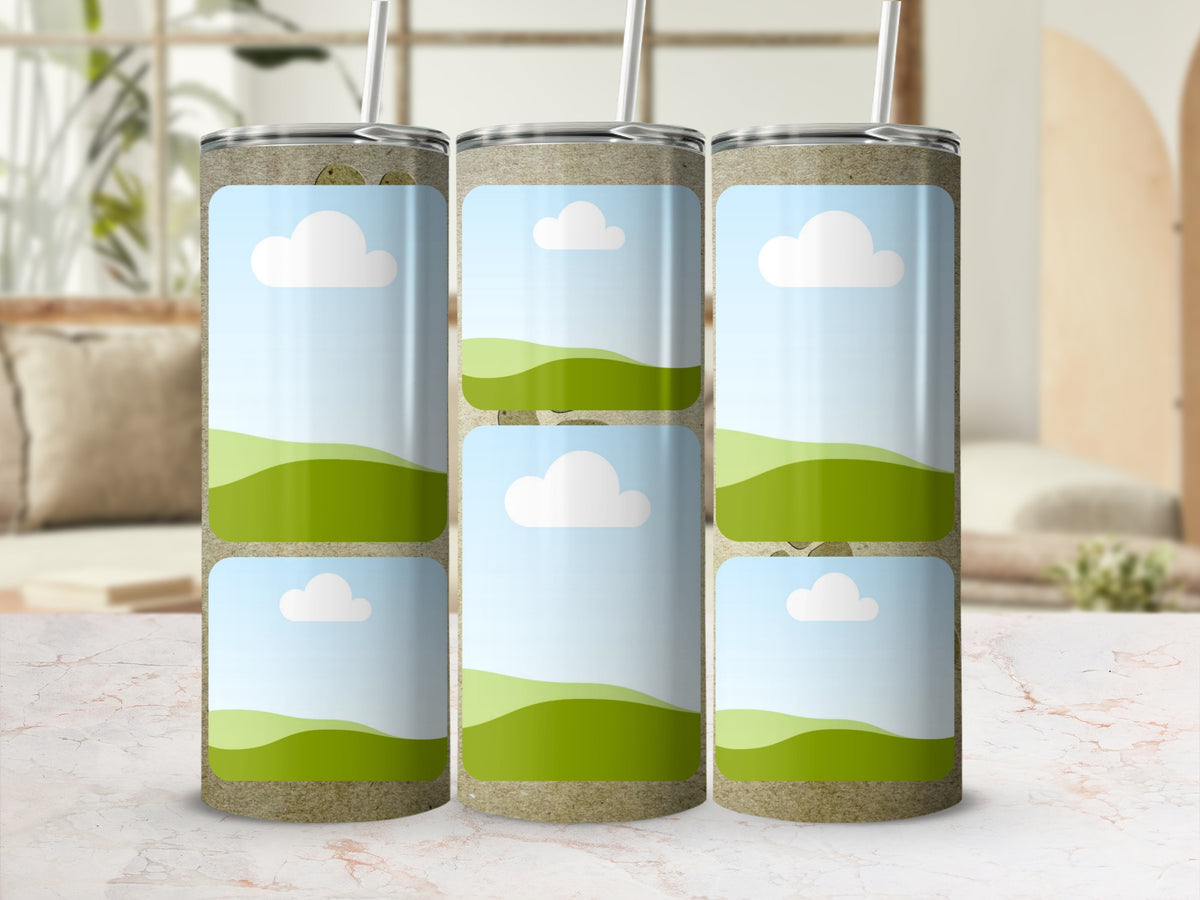 Three tall tumblers with a textured surface and a sky and rolling green hills design.