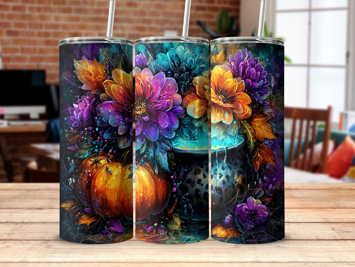 Floral Autumn Themed Tumbler with Pumpkins and Flowers