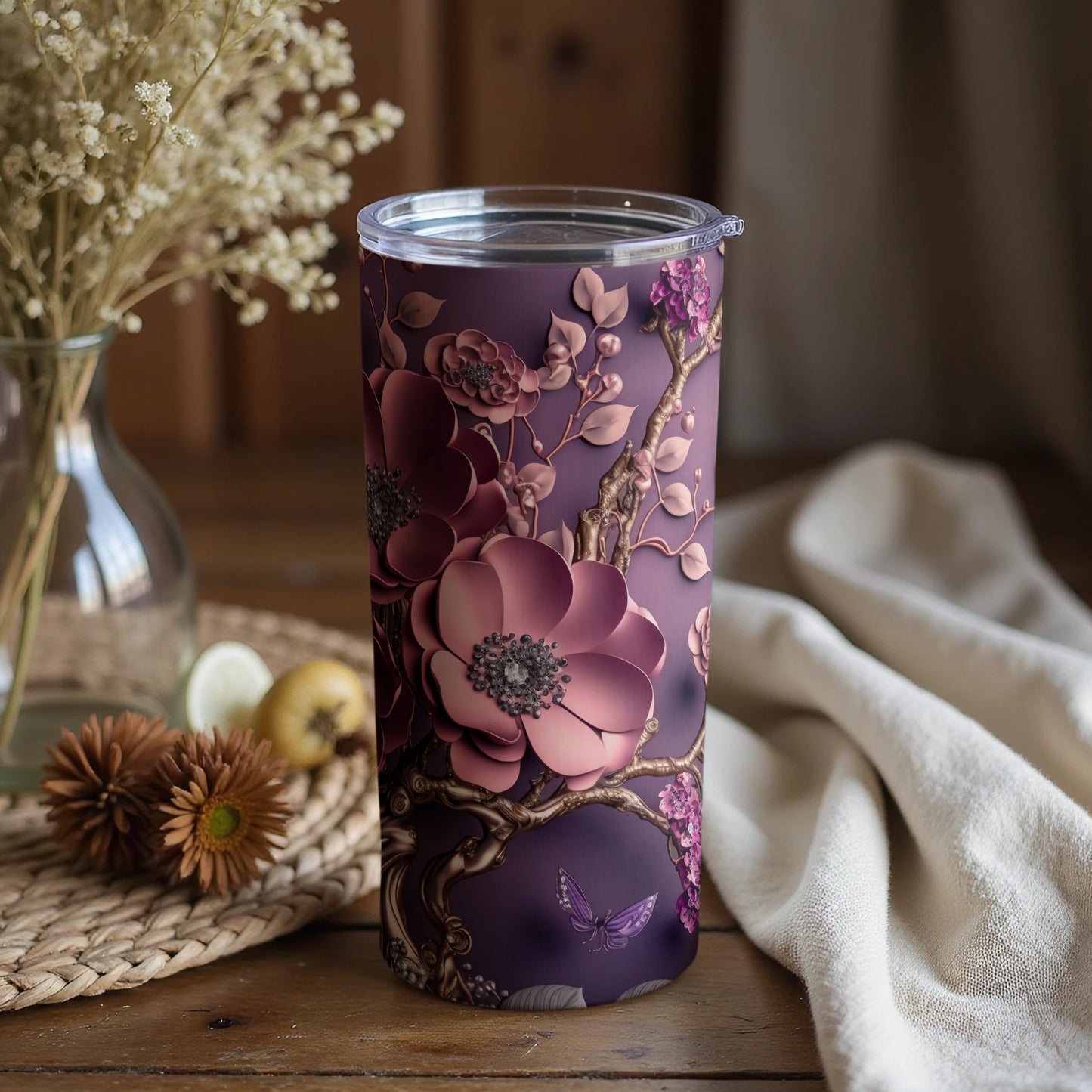 Elegant Purple Floral and Butterfly Tumbler