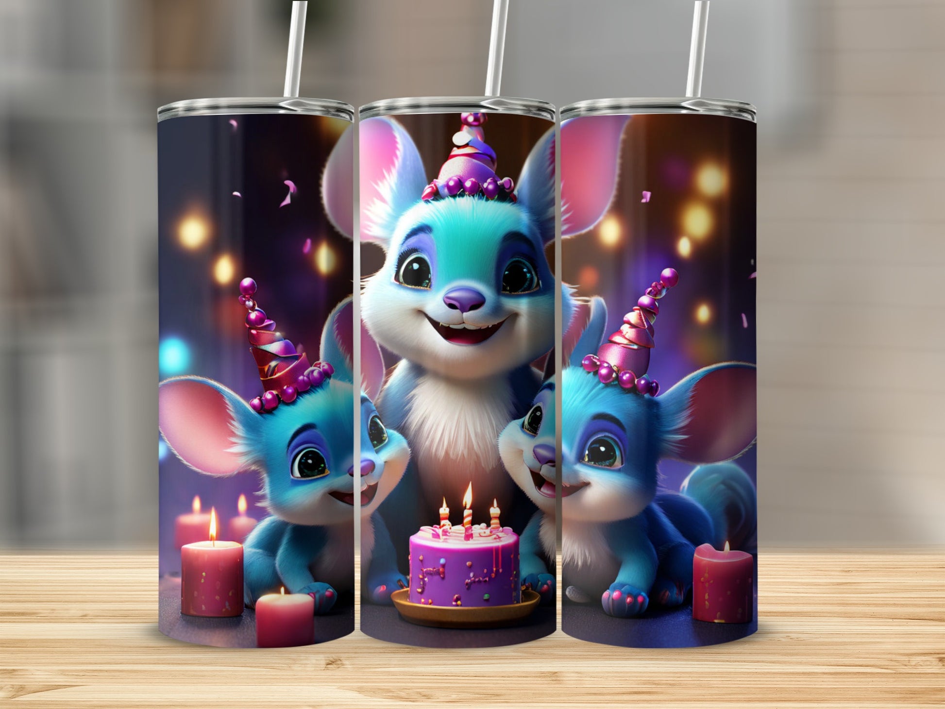 Three blue cartoon mice in birthday hats with a cake and candles.