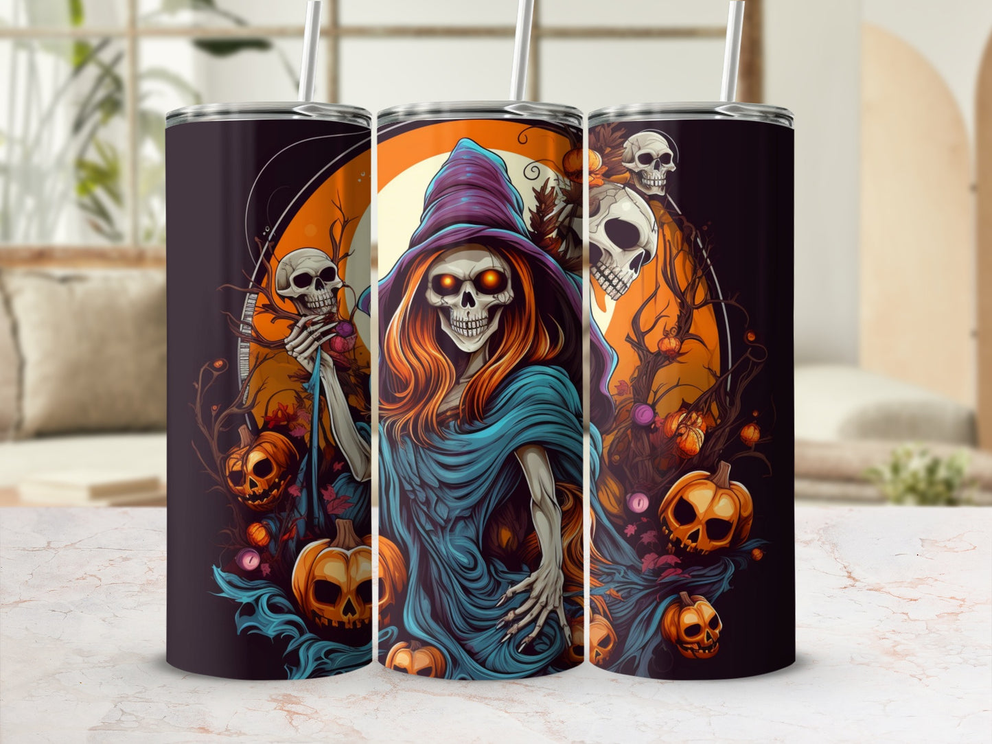 Spooky Skull Witch with Pumpkins Halloween Tumbler