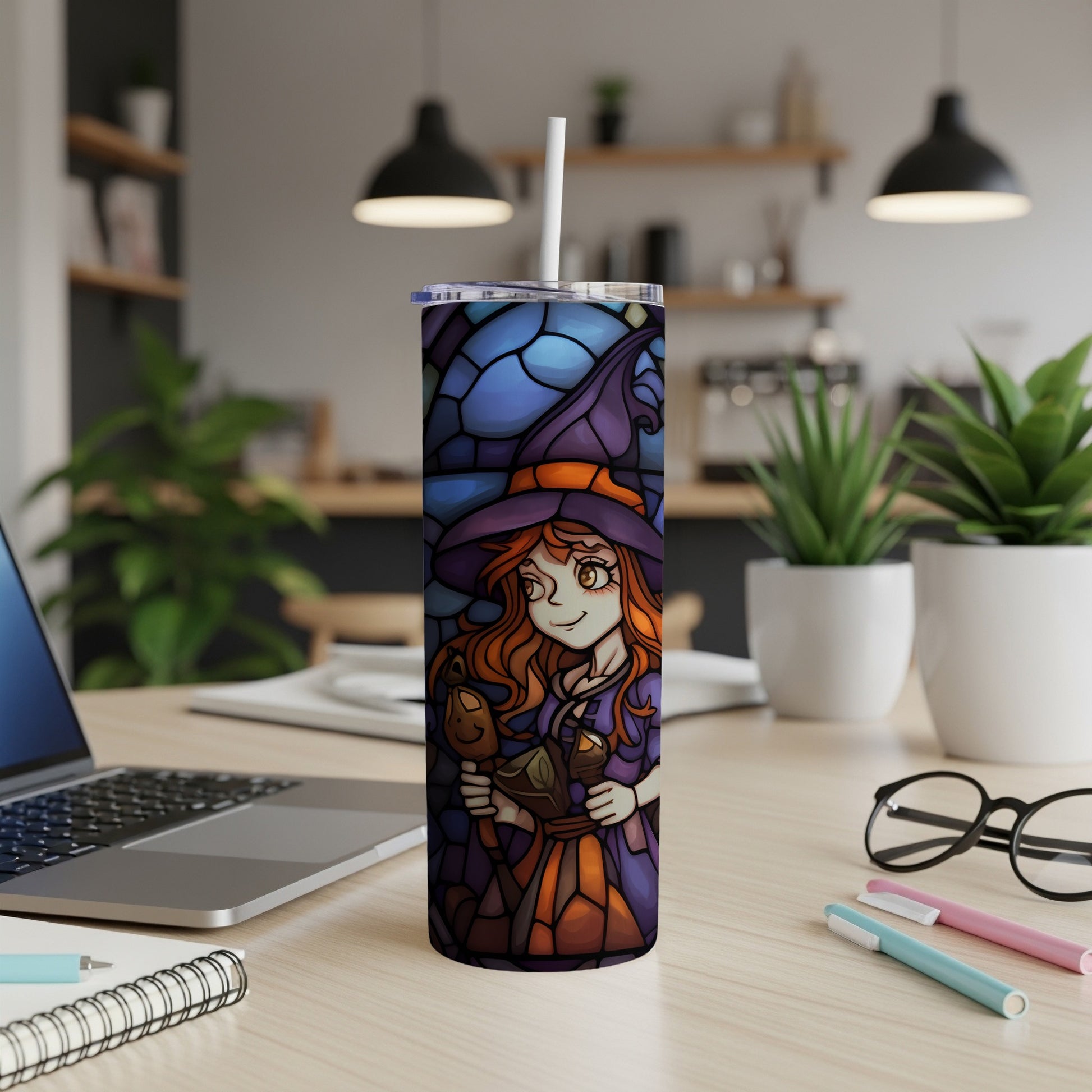 Stained glass witch with orange hair holding a black cat.