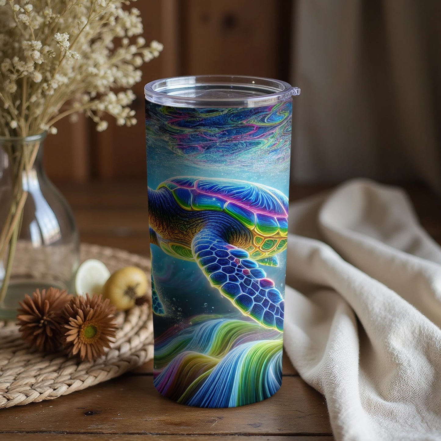 Colorful Sea Turtle Tumbler with Ocean Waves Design