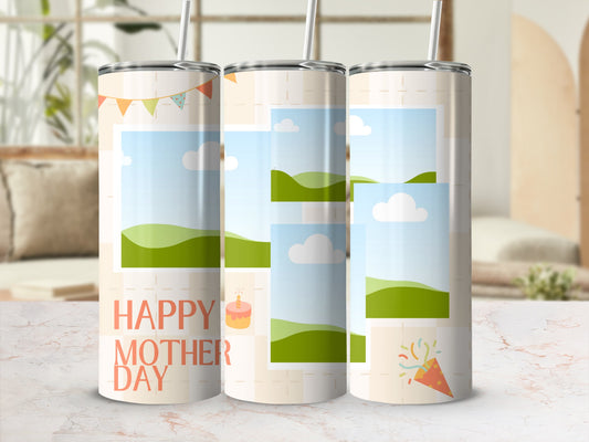Tumblers with "Happy Mother Day" text, photo frames, and party graphics.