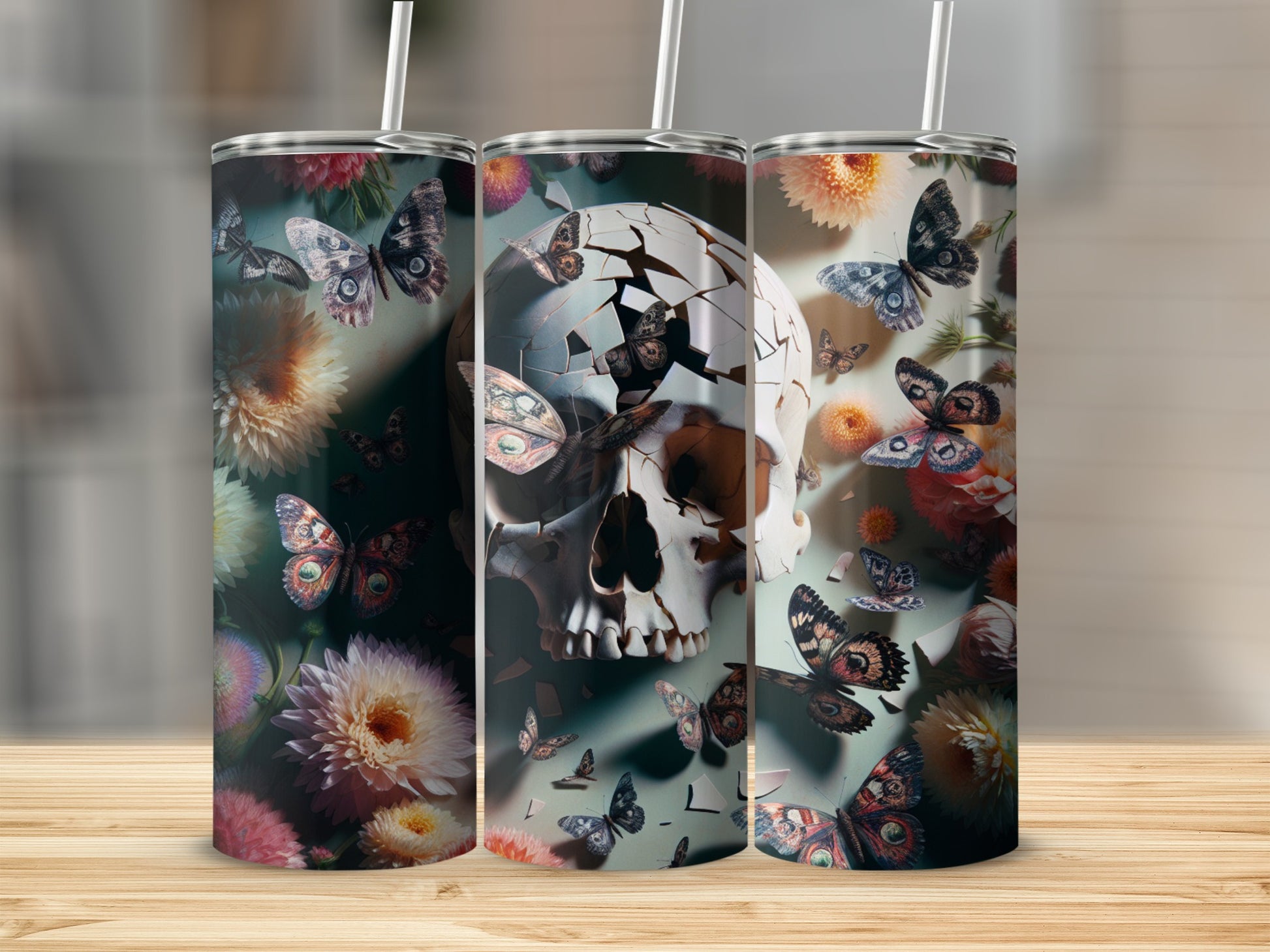 Three tumblers with a cracked skull and butterfly design.