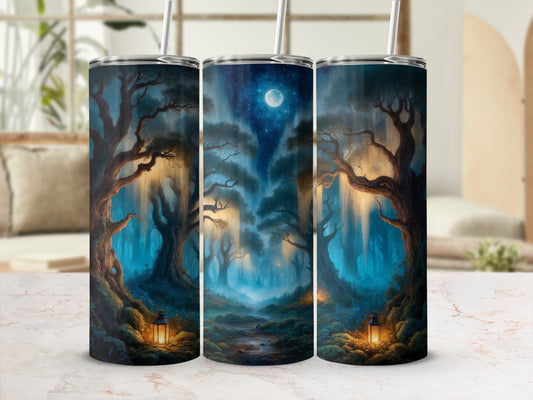 Enchanted forest scene with moonlit trees and lanterns, wrapping a tumbler.