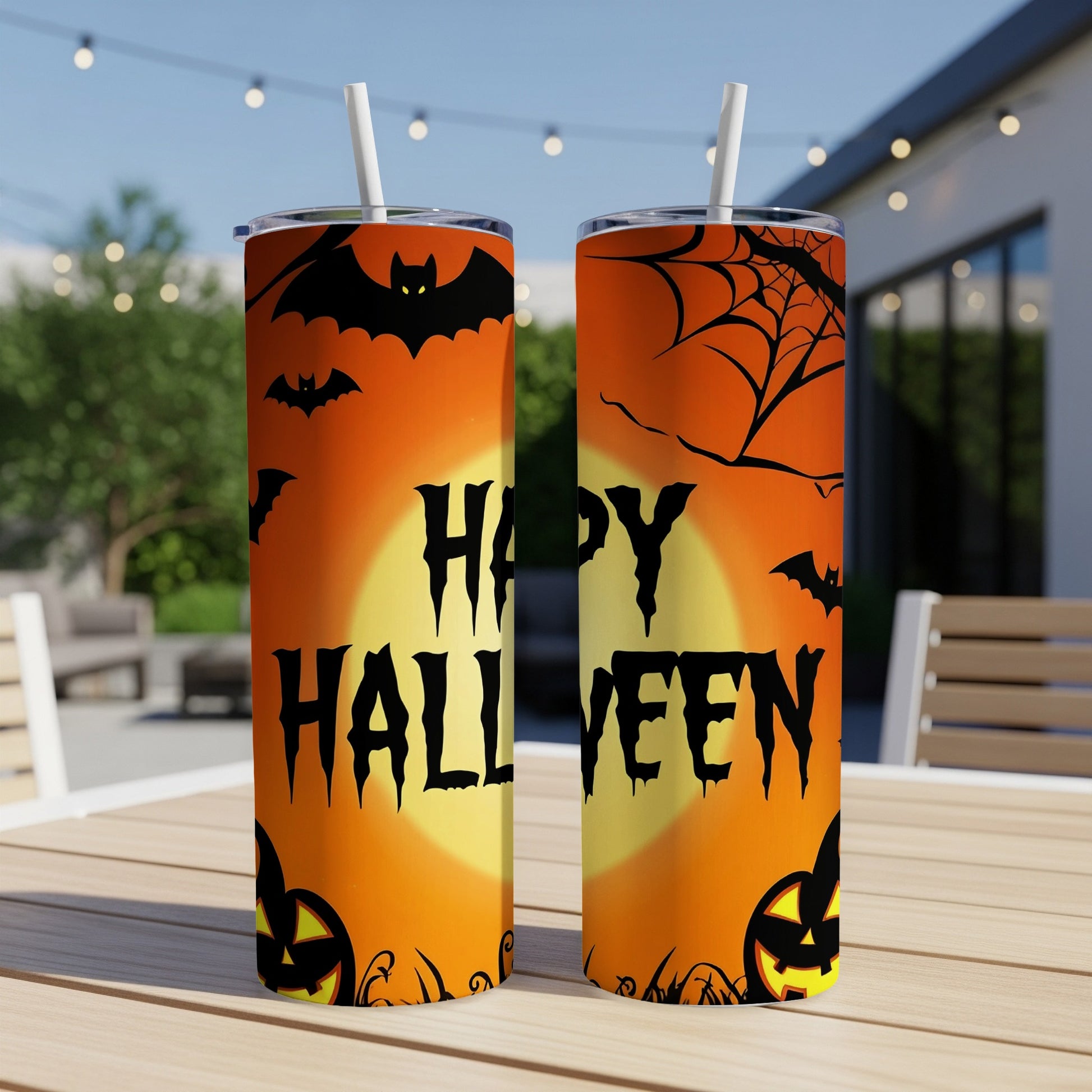 Two Halloween tumblers with bats, spiderwebs, pumpkins, and "Happy Halloween" text.