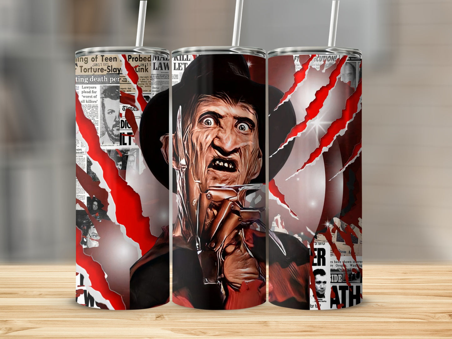 Freddy Krueger with bloody newspaper clippings and red slashes.