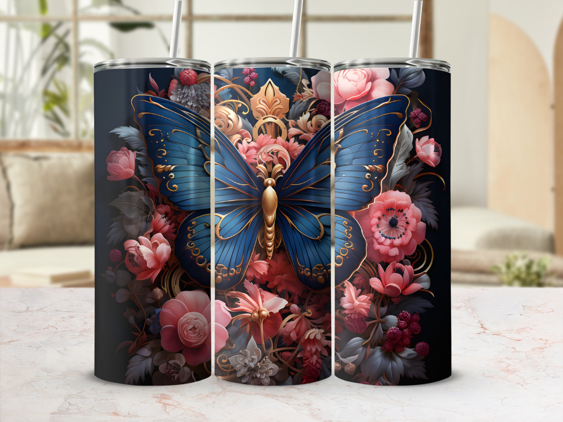 Three tumblers with a large blue butterfly and floral pattern on a dark background.